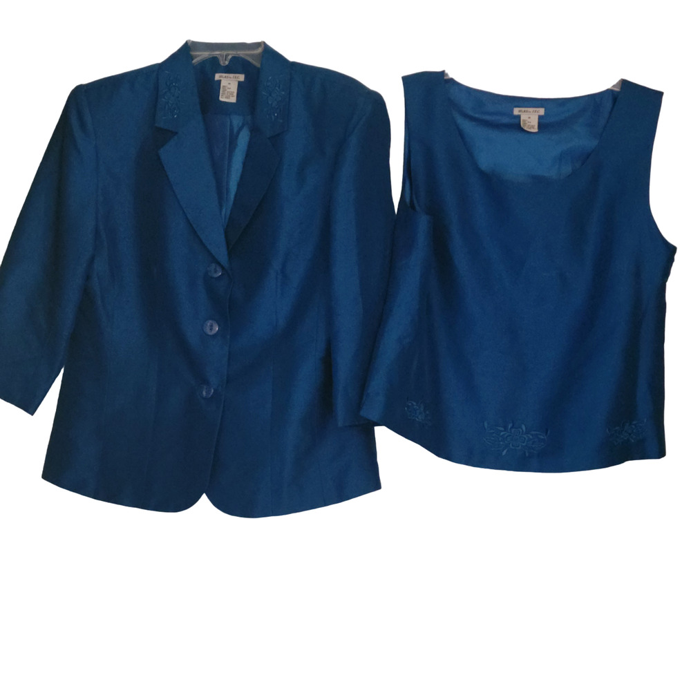 Vintage Women Neon Blue Silk Jacket & Vest Size M Embroidered Trim Chic Classy
